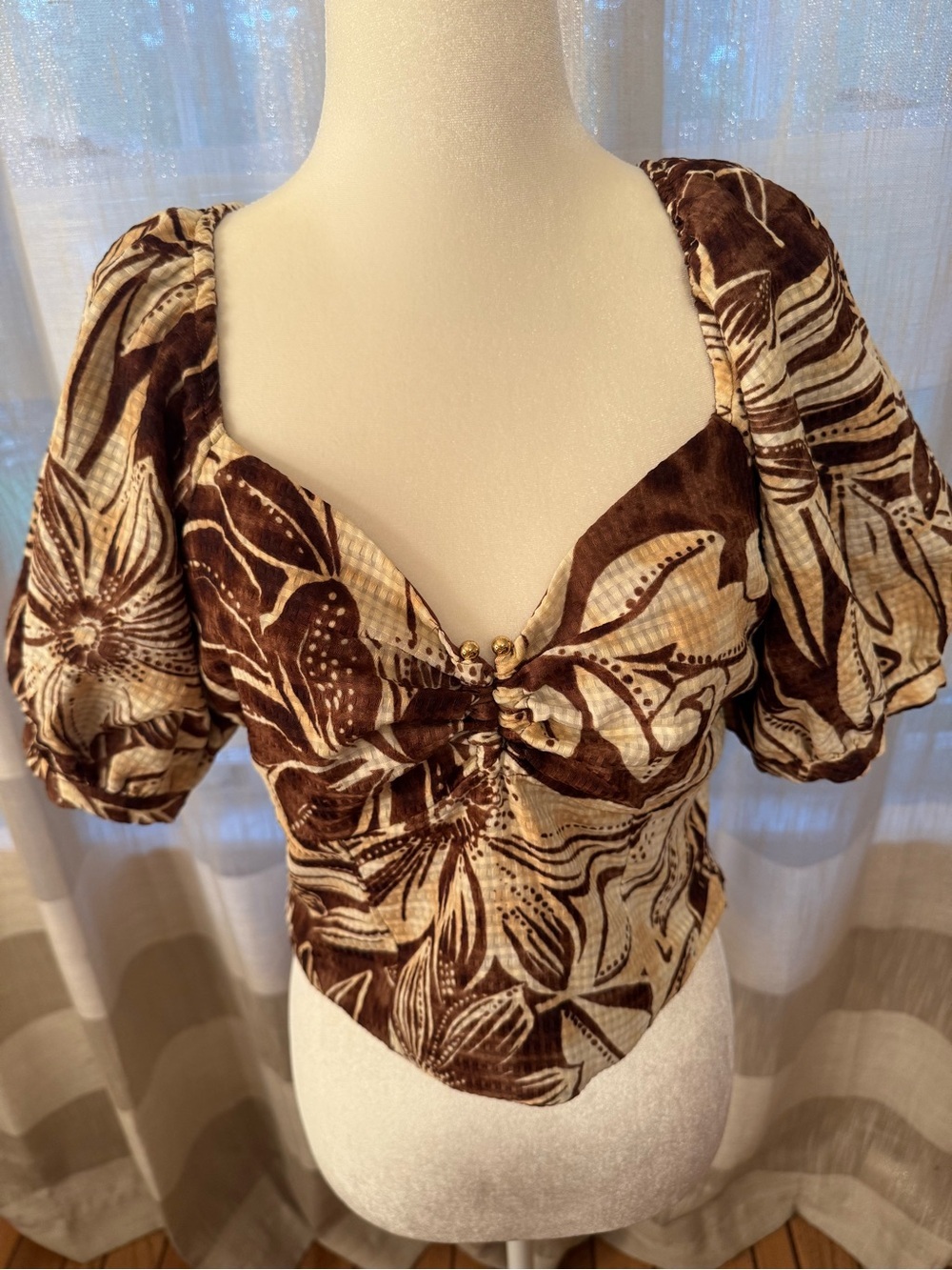 Sam Edelman Brown & Cream Floral Puff-Sleeve Crop Top